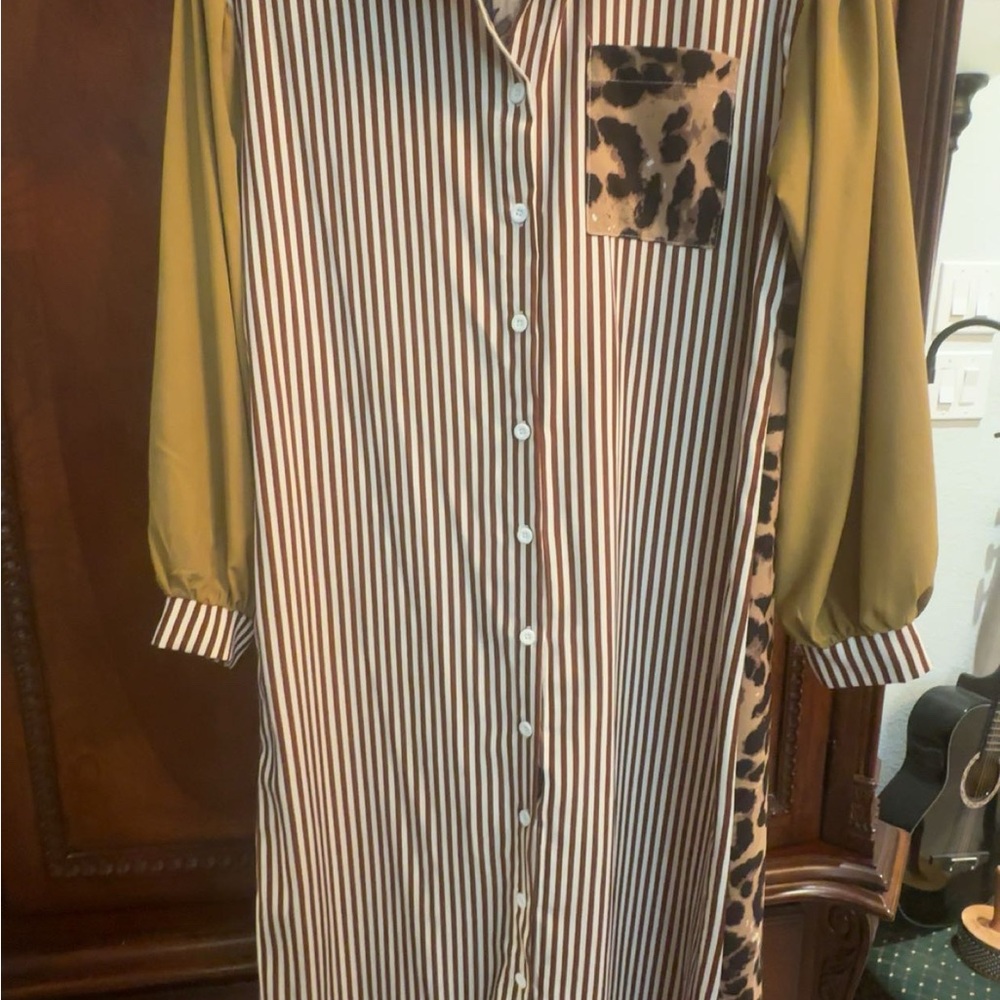 SHEIN Striped Dress with Animal Print Pocket and Olive Sleeves
